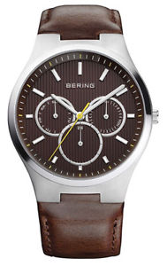 【送料無料】bering men chronograph stainless steel classic brown leather watch 13841505