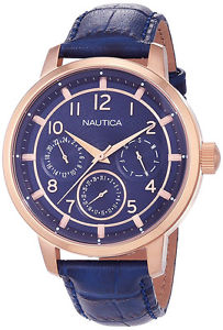 【送料無料】nautica mens nct 15 chrono rose gold tone s steel blue leather watch nad15523g