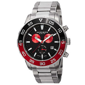 ̵ mens akribos xxiv ak669rd chronograph red accents stainless steel watch