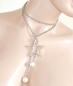 【送料無料】ネックレス　アルジェントパールcollana lunga donna argento ciondolo stella oro strass..