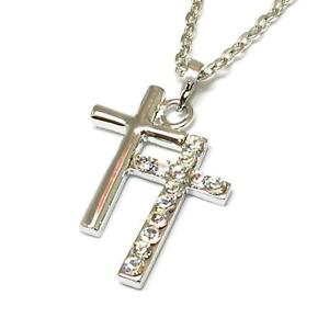 【送料無料】ネックレス　シルバートーンダブルクロスペンダントtoc ton argent strass transparent ensemble double croix pendentif sur 406cm