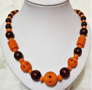 yzlbNX@re[WWG[lbNXIWubNuEbijou vintage collier ras du cou resine orange ouvrage galalithe ton marron 150u