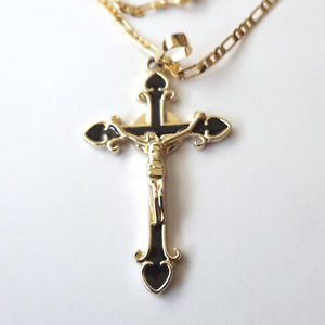 ̵ۥͥå쥹ƥʥɥcollana catena uomo donna 54 cm colore oro e nero croce cristo pendente 209 t