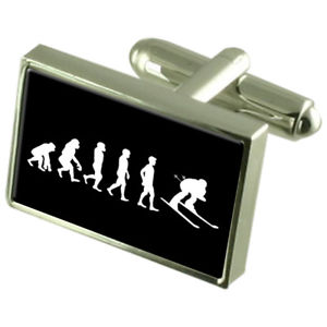 【送料無料】メンズアクセサリ—　スキーカフスボタンクリスタルタイクリップバーボックスevolution ape to man skiing cufflinks crystal tie clip bar box set engraved