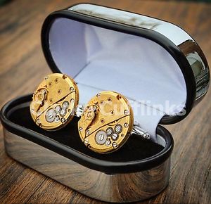 楽天hokushin【送料無料】メンズアクセサリ—　mensムーヴメントカフスリンクスチームパンクboxed watch movement cufflinks steampunk wedding groom mens gift present gold