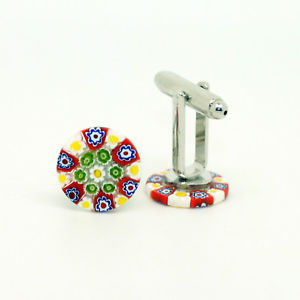 【送料無料】メンズアクセサリ—　ムラノガラスカフリンクスred white green yellow circular patterned murano glass cufflinks with millefiori