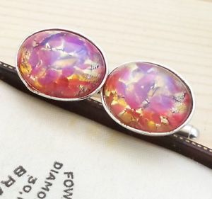 【送料無料】メンズアクセサリ—　ビンテージチェコローズガラスオパールカフリンクスvintage 1950s czech rose amp; gold fire glass opal oval silver plated cufflinks