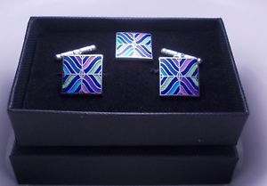 【送料無料】メンズアクセサリ—　スターリングシルバーエナメルパネルデザインカフスボタンラペルピンs..