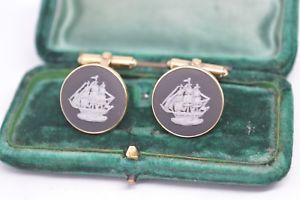 ̵ۥ󥺥?ӥơե󥯥vintage gilt sterling silver wedgwood cufflinks with a basalt ship design b669