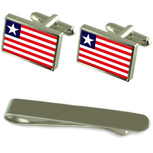 【送料無料】メンズアクセサリ—　リベリアシルバーカフスボタンタイクリップセットliberia flag silver cufflinks tie clip engraved gift set
