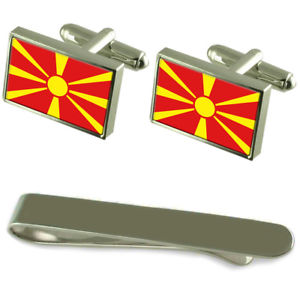 【送料無料】メンズアクセサリ—　マケドニアシルバーカフスボタンタイクリップセットmacedonia flag silver cufflinks tie clip engraved gift set