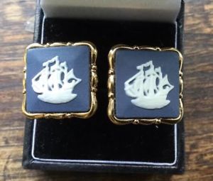 ̵ۥ󥺥?åѡӥơååɥ㥹ѡե󥯥ۥ磻wedgwood jasper cufflinks white on blue gold plated clipper ship vintage boxed