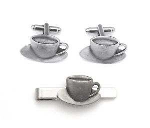 【送料無料】メンズアクセサリ— ピューターカフスボタンタイクリップボックスセットteacup pewter cufflinks and tie clip set tea drinkers gift boxed