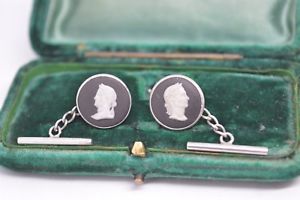 ̵ۥ󥺥?ӥơ󥰥Сååɥإåɥե󥯥vintage sterling silver wedgwood cufflinks with basalt ceasar head design b671