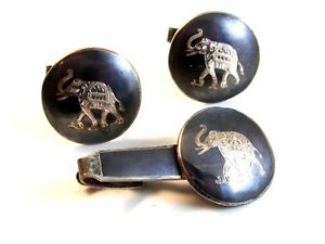 【送料無料】メンズアクセサリ—　ビンテージスターリングシルバーサイアムエレファントカフリンクスボンベイバザールタイクラスプvintage sterling silver siam elephant cufflinks amp; tie clasp by bombay baza