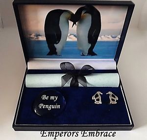 【送料無料】メンズアクセサリ—　シルバーオニキスペンギンボックスデザインsilver and onyx penguin cufflink gift box , choice of four designs