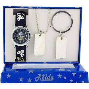 【送料無料】腕時計　ウォッチ　スカルクロックタグネックレスキーチェーンセットrelda chicos skull amp; crossbones reloj, dog tag collar y llavero set de regalo rel50