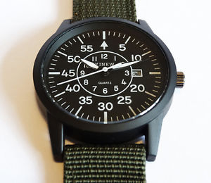 【送料無料】腕時計　ウォッチ　グリーンキャンバスベルトパイロットreloj pulsera negro aviator 42mm piloto ejrcito militar fecha correa de lona verde