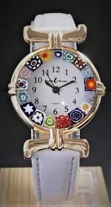 【送料無料】腕時計　ウォッチ　ドナディムラノウォッチorologio donna dorato pelle bianca watch in vetro di murano murrina millefiori