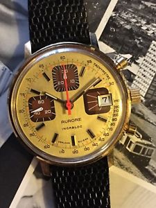 腕時計　ウォッチ　ヴィンテージクロノグラフパンダvintage chronograph aurore valjoux 7765 nos gold plated lezard 1970s gilt panda