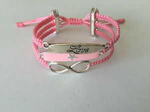 ブレスレット　アクセサリ—　ブレスレットピンクシルバーハンドメイドdiy bracelet armkette * love, star and infinity * pink silver handmade