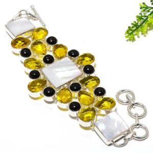 【送料無料】ブレスレット　アクセサリ—　パールレモントパーズオニキスハンドメイドブレスレット