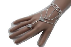 ブレスレット　アクセサリ—　ブレスレットラインストーンチェーンwomen silver slave ring metal hand chain fashion bracelet heart rhinestones love