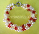 yzuXbg@ANZT?@3pearlamp;bhWG[uXbgwonderful 3 strands natural white freshwater pearlamp;red coral jewelry bracelet