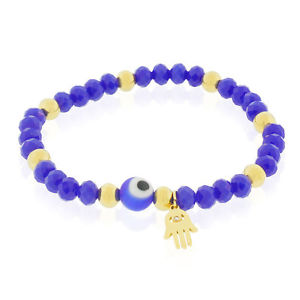 【送料無料】ブレスレット アクセサリ— stainless steel blue yellow goldtone hamsa evil eye protection stretch bracelet