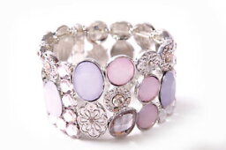 【送料無料】ブレスレット　アクセサリ—　シックレディースシルバーワイドブレスレットバイオレットピンクchic ladies silver ornaments wide elastic bracelet w violetamp;pink stones s574