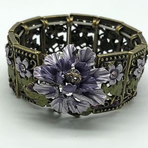 ブレスレット　アクセサリ—　ストレッチブレスレットエナメルタイルラインストーン61stretch bracelet purple enamel flower tiles rhinestones 6 in interior 1 in tall