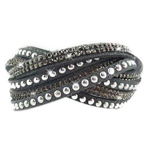 ブレスレット　アクセサリ—　ラップブレスレットラインストーングレーツイストtwisted wrap slake bracelet 2 laps rhinestone shiny crystals leather grey