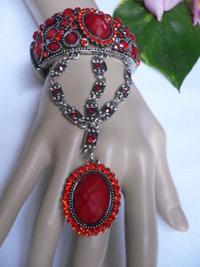 ブレスレット　アクセサリ—　ファッションブレスレットリングカフスレーブチェーンwomen fashion bracelet ring red flower rhinestones metal cuff slave chain bling