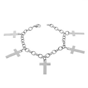 ブレスレット　アクセサリ—　シルバーカラーステンレススチールラテンチェーンリンクsilver coloured stainless steel latin cross religious chain link women