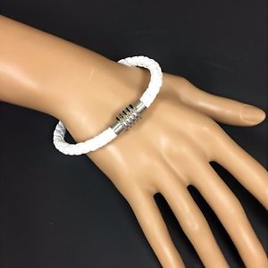 【送料無料】ブレスレット アクセサリ— ステンレススチールシルバートーンハードウェアブレスレットwhite weave leather stainless steel silver tone hardware bracelet