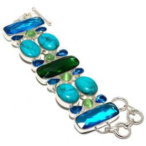 ブレスレット　アクセサリ—　サンタローザトルコ7ブレスレット8b7699natural santa rosa turquoise,green cats eye gemstone bracelet 78b7699