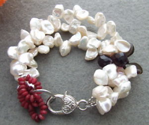 ブレスレット　アクセサリ—　ホワイトパールブレスレットローホワイトパールレッドジェイドスモーキークオーツブレスレットwhite pearl bracelet 8 3 rows white keshi pearl red jade smoky quartz bracelet