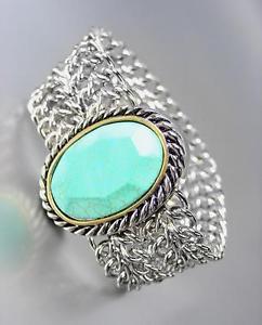 【送料無料】ブレスレット アクセサリ— デザイナターコイズシルバーケーブルメダイヨンチェーンブレスレットchunky designer turquoise stone silver cable medallion chain bracelet