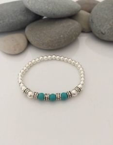 【送料無料】ブレスレット　アクセサリ—　スターリングシルバーターコイズビーズストレッチブレスレットsterling silver and turquoise gemstone beaded stretch bracelet