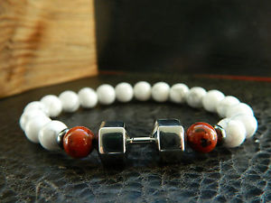 【送料無料】ブレスレット　アクセサリ—　ダンベルブレスレットフィットネススポーツdumbbell braceletnatural white howlite red stonefitnesssportmotivationgift