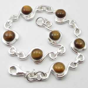 【送料無料】ブレスレット　アクセサリ—　ソリッドスターリングシルバーイエローブラウンタイガーアイ..