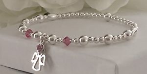 【送料無料】ブレスレット　アクセサリ—　スターリングシルバースタッキングストレッチブレスレットピンククリスタルミニハート