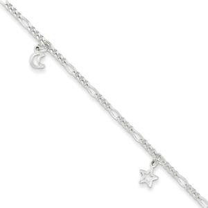【送料無料】ブレスレット　アクセサリ—　スターリングシルバーフィガロチェーンブレスレット925 sterling silver figaro chain moon and stars dangle ankle bracelet