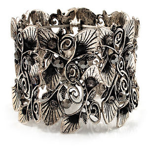 【送料無料】ブレスレット　アクセサリ—　ヴィンテージフレックスブレスレットシルバーwide vintage crystal floral flex bracelet burn silver tone