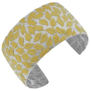 ブレスレット　アクセサリ—　ステンレススチールシルバーイエローゴールドリーフオープンカフブレスレットstainless steel silver yellow gold leaf open end womens cuff bracelet