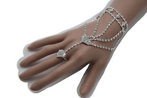 ブレスレット　アクセサリ—　シルバースレーブリングメタルハンドチェーンファッションブレスレットwomen silver slave ring metal hand chain fashion bracelet heart rhinestones love