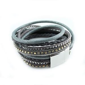 【送料無料】ブレスレット　アクセサリ—　ブレスレットラップクリスタルツアーレザーグレースエードbracelet slake wrap strass crystal brilliant duble tour leather grey suede