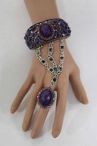 ブレスレット　アクセサリ—　フラワーブレスレットチェーンスレーブリングパープルラベンダーwomen silver metal flower bracelet chain slave ring purple lavender rhinestones