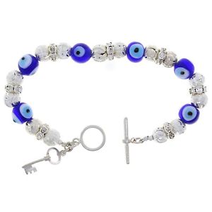 【送料無料】ブレスレット　アクセサリ—　スターリングシルバーキーボールビーズガラスブレスレットsterling silver 8 key, ball beads amp; evil eye glass charm bracelet with cz