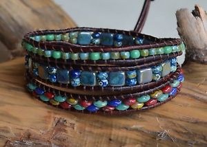 ブレスレット　アクセサリ—　マルチカラーレザーブレスレットブラウンレザーマルチカラーピカソビーズmulticolor leather 3xwrap bracelet brown leather multicolor picasso beads yevga